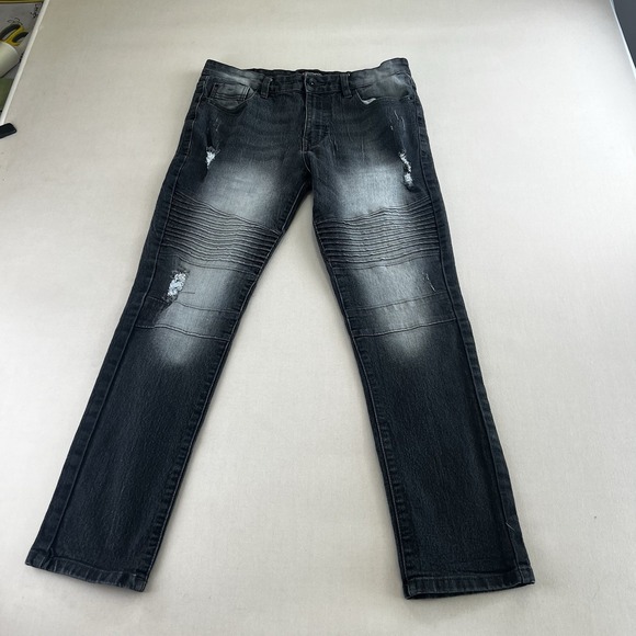 Southpole Denim - Southpole Mens Skinny Moto Jeans Faded Black Distressed Biker Denim 34x30
